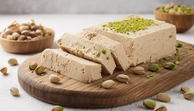 Slices of traditional sesame halva with pistachios on wooden board. Sweet food. Delicious dessert