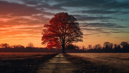 A lone tree with red leaves stands in a field during sunset, under a colorful sky with wispy clouds and a dirt path leading up to it