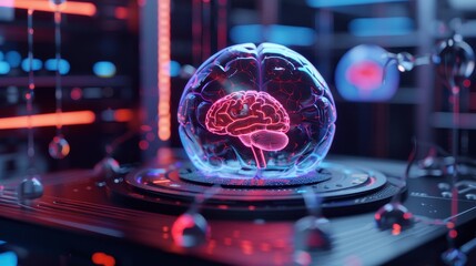Fototapeta premium Human cell with advanced holograms, 3D model, neon colors, detailed illustration, high-tech environment