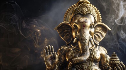 Fototapeta premium Celebrate the festival of Lord Ganesha with this stunning golden sculpture against a dark background.