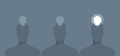 Two human silhouettes with off light bulbs above their heads and one silhouette with a light bulb on. Flat vector illustration