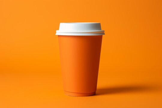 Orange disposable coffee cup with white lid on orange background. Coffee takeaway and beverage concept.
