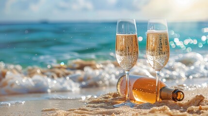Champagne and glasses on the beach with the sea and sky in the background, celebrating a summer holiday or a romantic party.
