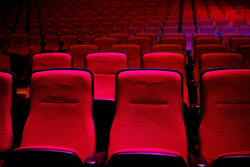 Obraz premium close up Empty seats in the theater. rows of red chairs. empty seats background . beautiful colored light