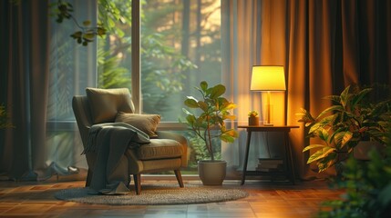 Cozy reading nook with an armchair and floor lamp.