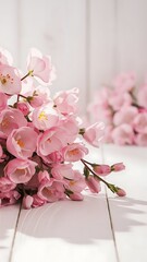 Pink beautiful flowers on white wooden background