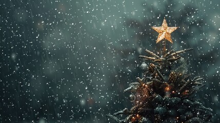 Christmas tree with star under falling snow
