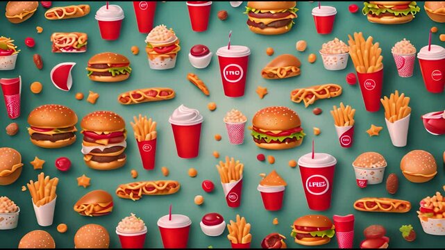 Various trendy fast food and drink menu icon background, hamburger and fries potatoes video pattern for design.