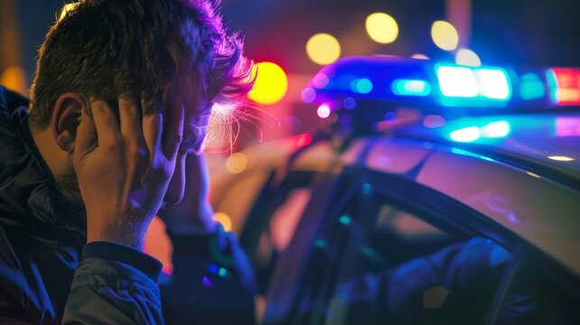 A drunk driver is hiding his face from the lights of a police car after being caught behind the wheel.