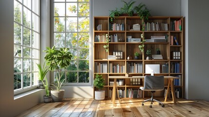 Bright home office with a desk and shelves.