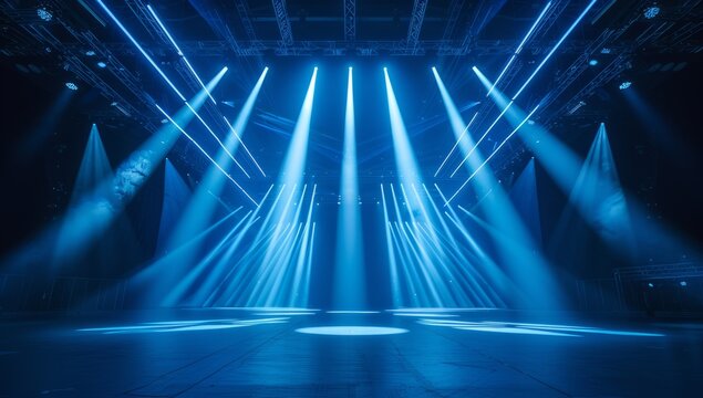 Illuminated stage with dramatic blue lighting and spotlights, ideal for performances or events