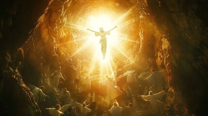 Jesus Christ resurrecting from the tomb with bright light and angels surrounding. The scene is triumphant and glorious, symbolizing victory over death.