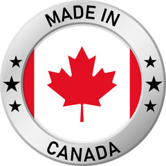 Chrome ring with the inscription: Made in Canada, in the center - a circle and the flag of Canada. For industrial enterprises, products, production. Vector illustration.
