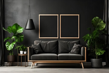 Empty frame poster mockup in a minimalist interior dark  living room with armchairs and potted plants