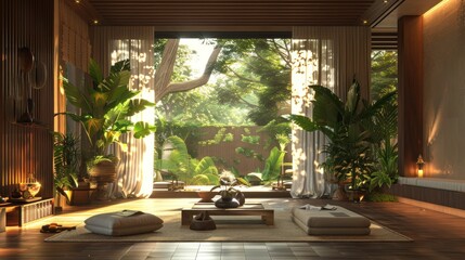 Fototapeta premium serene reading nook with comfortable seating and soft lighting. The setting is calm and inviting, perfect for relaxation and reading.