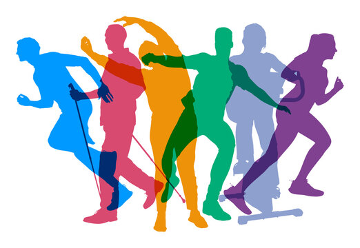 Menschen in Bewegung bei verschiedenen Sportarten als Silhouetten