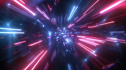 Fototapeta premium Dynamic abstract background featuring vibrant blue and pink light trails in motion, creating a futuristic warp speed effect. Ideal for tech-themed designs.
