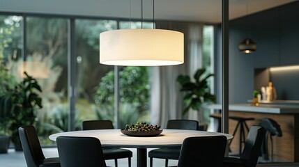 A chic dining area with a round table, black chairs, and a white pendant light.