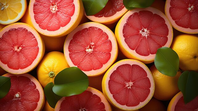 many fresh grapefruits , flat lay, top view.