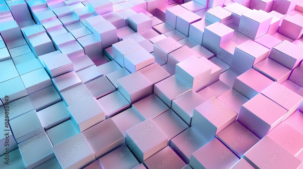 Poster an abstract 3d render of a pattern of iridescent cubes.
