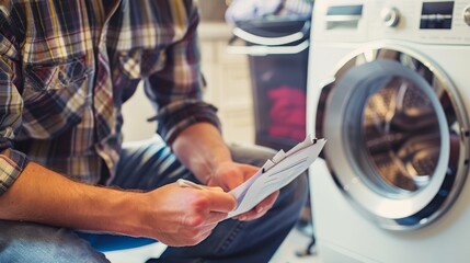 Fototapeta premium A repairman is preparing a bill after fixing a washing machine, which is a part of home repairs.