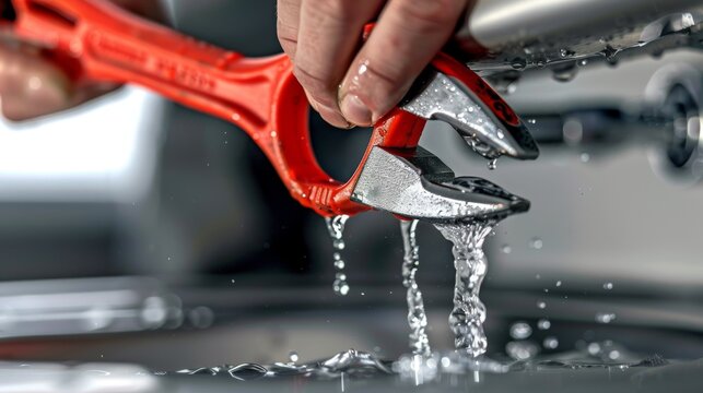 A plumber is fixing a water pipe under the sink with a wrench. The maintenance is to stop the water leak in the bathroom with a red wrench by plumbing installation.