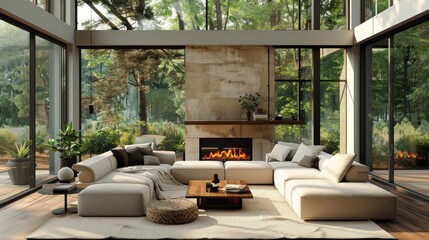 A cozy living room with a beige sectional sofa, floor-to-ceiling windows, and a fireplace.