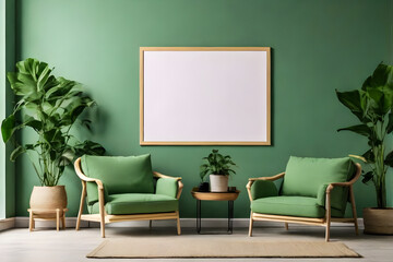  Empty frame poster mockup in a minimalist interior green living room with armchairs and potted plants