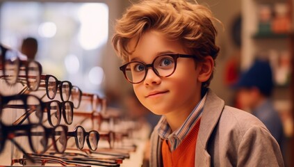 A young boy experimenting with various eyeglasses frames while visiting an optometrist for a new pair of glasses in a store setting