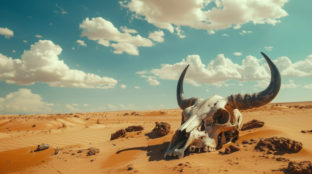 Bleached animal skull with horns resting on desert sand. Arid landscape with blue sky and fluffy clouds, symbolizing harsh climate and survival for the background of a wallpaper or banner