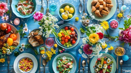Colorful dishes filled with delicious Easter feasts adorn a festive dining table.