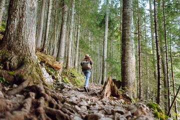 Active woman go hiking and walk along the trail in forest. Female hiker explore woodland. Nature,...