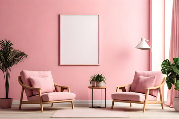 Empty frame poster mockup in a minimalist interior pink  living room with armchairs and potted plants