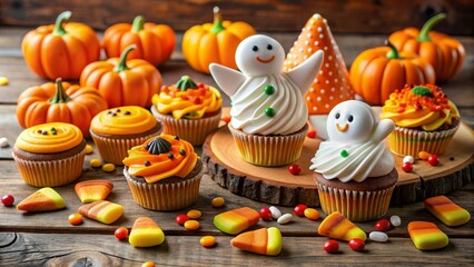 Adorable Halloween themed treats including candy corn, pumpkin cookies, and ghost cupcakes on a festive table , Cute, Halloween
