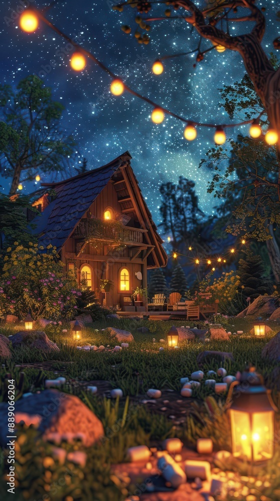 Poster cozy cabin illuminated by lanterns and string lights under a starry night sky, creating a peaceful a