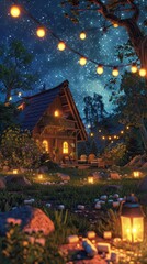 Cozy cabin illuminated by lanterns and string lights under a starry night sky, creating a peaceful and magical outdoor ambiance.