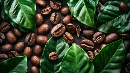 Close up of coffee bean background with leaves, top view. Photorealistic high resolution macro photography for advertising or food design. 