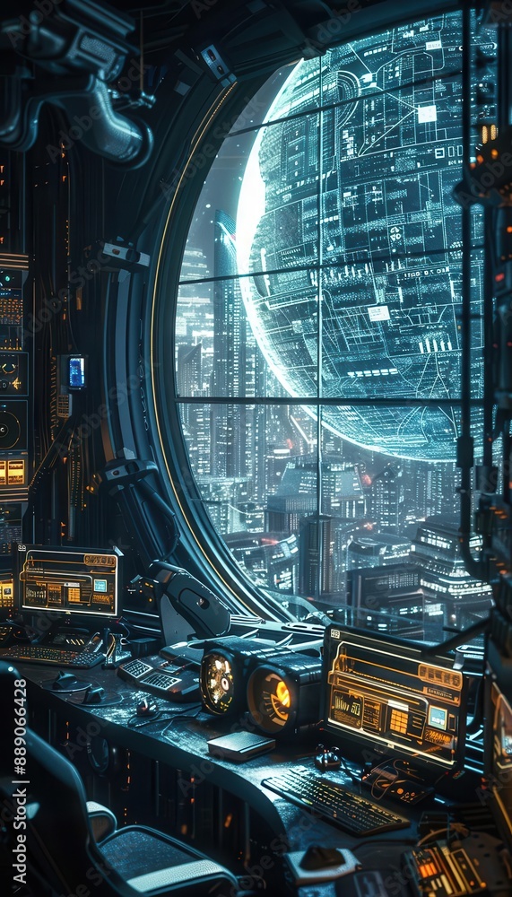 Poster futuristic control room with advanced technology and a view of a sci-fi city through a large circula
