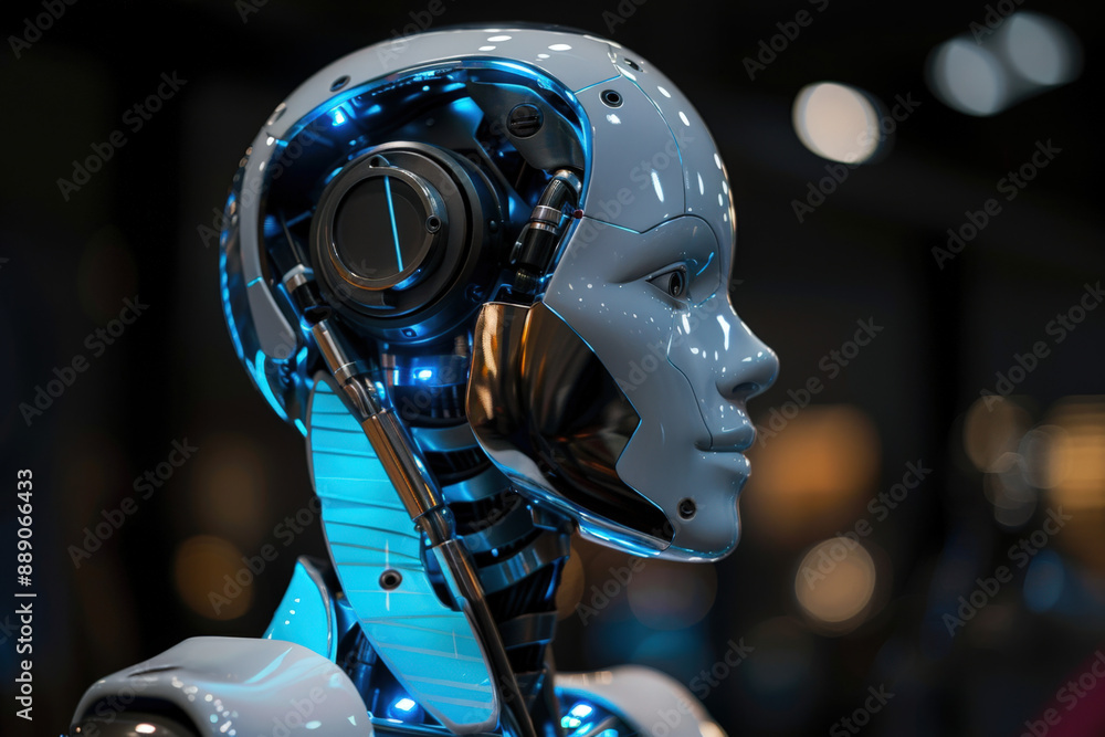 Poster advanced humanoid robot with blue lights is looking right while slightly turning its head