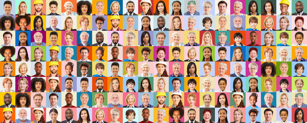 Panorama Collage von bunten Portraits Menschen vieler Generationen