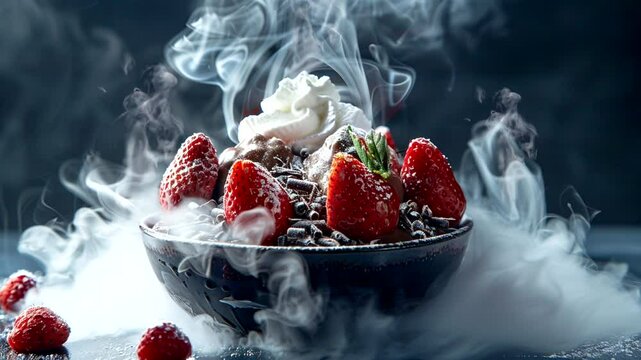 a bowl of ice cream with layers of rich chocolate, fluffy whipped cream and strawberries, creating a mesmerizing scene of wispy smoke 
 Seamless looping 4k time-lapse animation video background 