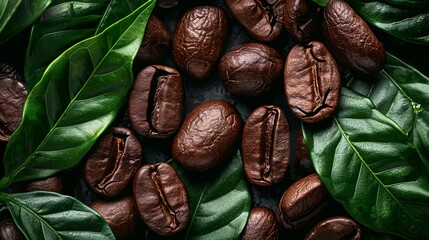 Close up of coffee bean background with leaves, top view. Photorealistic high resolution macro photography for advertising or food design. 