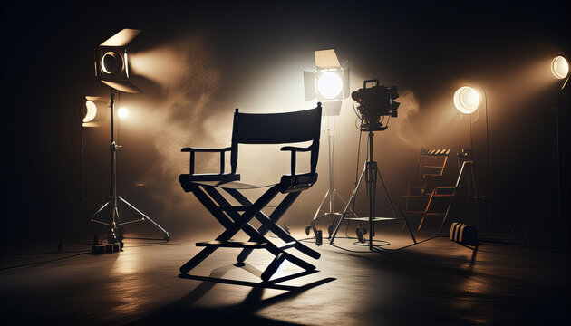 A director's chair sits on a dimly lit stage, surrounded by professional lighting equipment. The scene captures the essence of a film set, awaiting the creative force behind the camera.