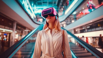 Illustration of a woman using VR glasses for shopping in a futuristic mall, embracing a smart modern lifestyle theme