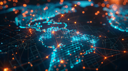 Obraz premium Glowing global network map with city connections on dark background
