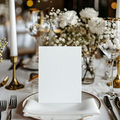 "Mockup White Blank Space Card for Wedding Invitation on Table Setting"
