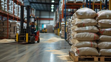 Fototapeta premium Forklifts load rice bags onto pallets in a warehouse. They prepare the rice for shipping to other countries.
