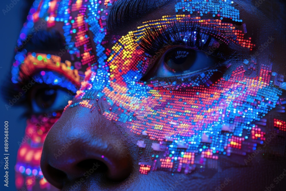 Poster close-up of a person's face with colorful led light patterns, showcasing digital art and futuristic 