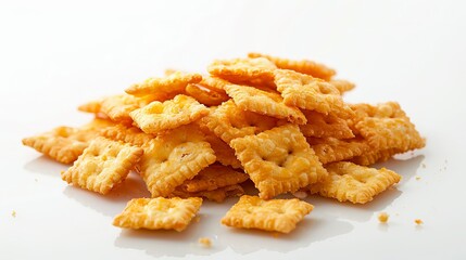Crunchy cheese snacks in a heap on a white surface.