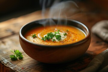 A bowl of soup with a green herb garnish on top